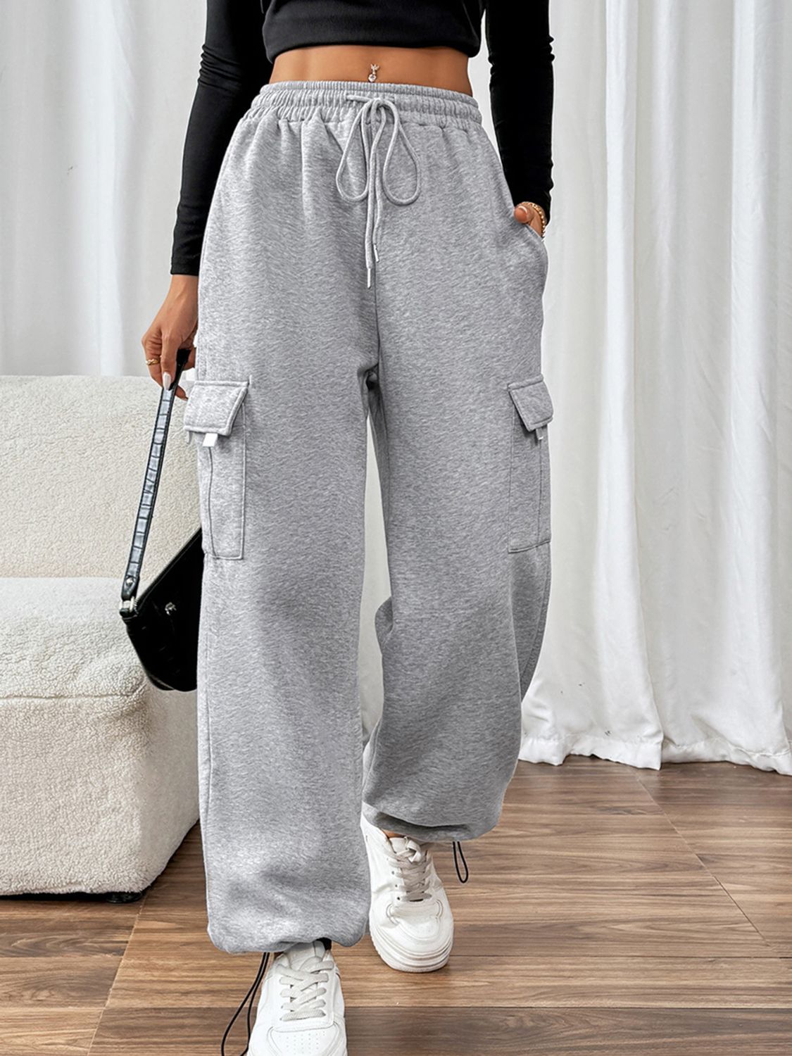 Explore More Collection - Drawstring Elastic Waist Joggers with Pockets