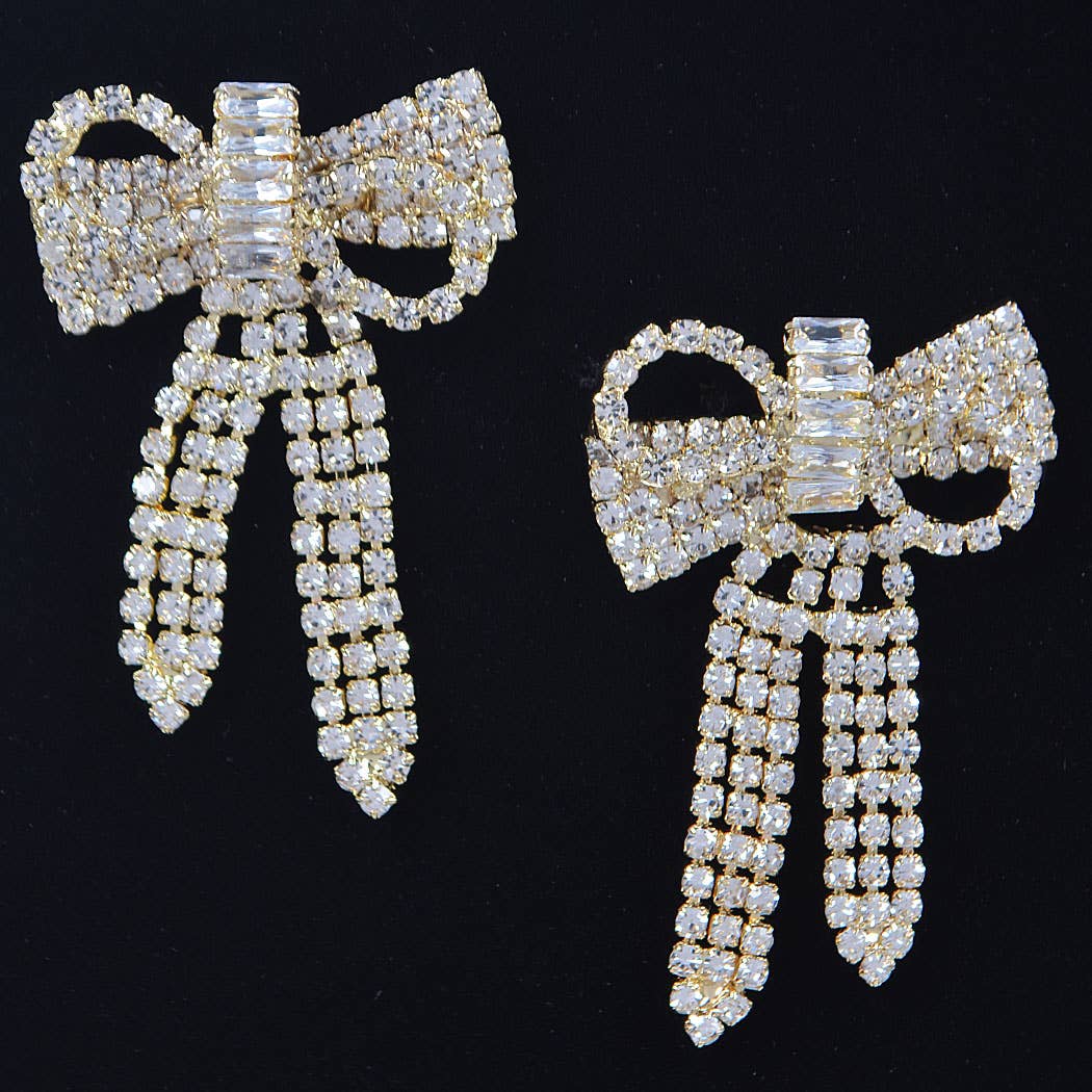 Ribbon Rhinestones Earrings: Gold
