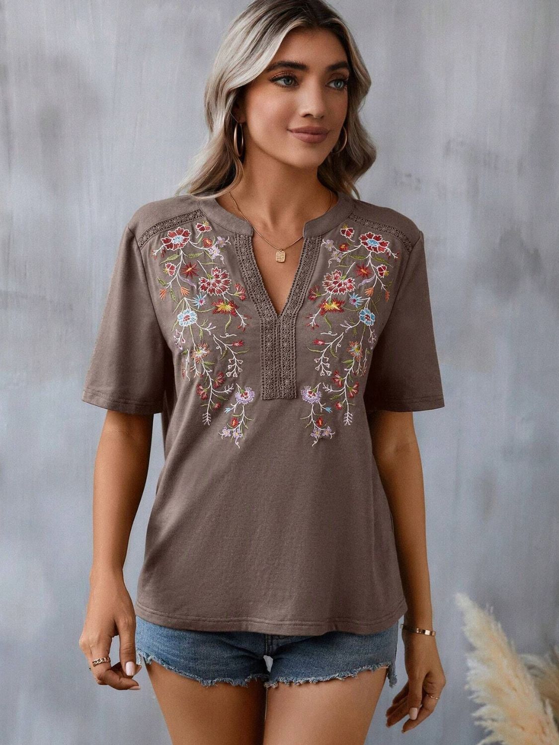 Explore More Collection - Embroidered Notched Short Sleeve T-Shirt