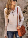 Explore More Collection - Lace Detail Half Button Round Neck Long Sleeve T-Shirt