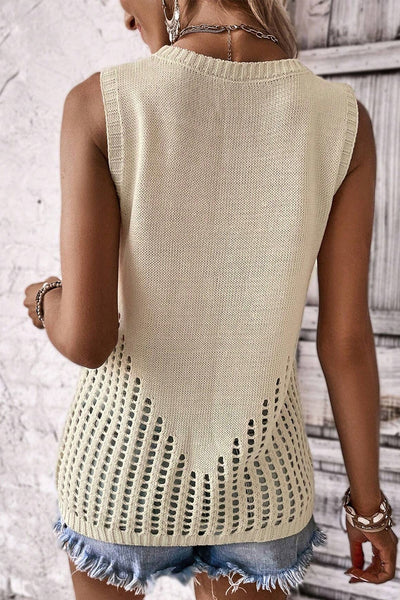 Explore More Collection - Openwork Round Neck Knit Vest