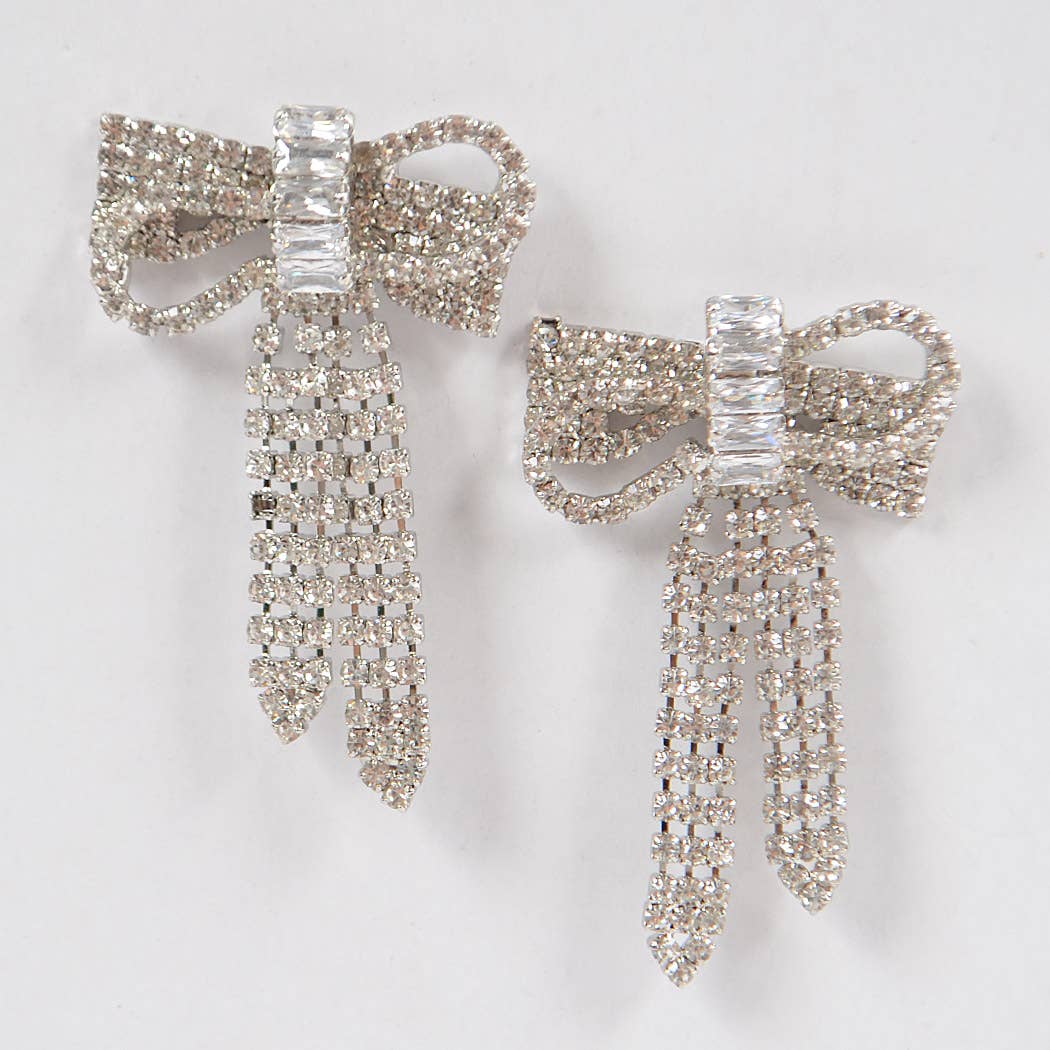 Ribbon Rhinestones Earrings: Silver