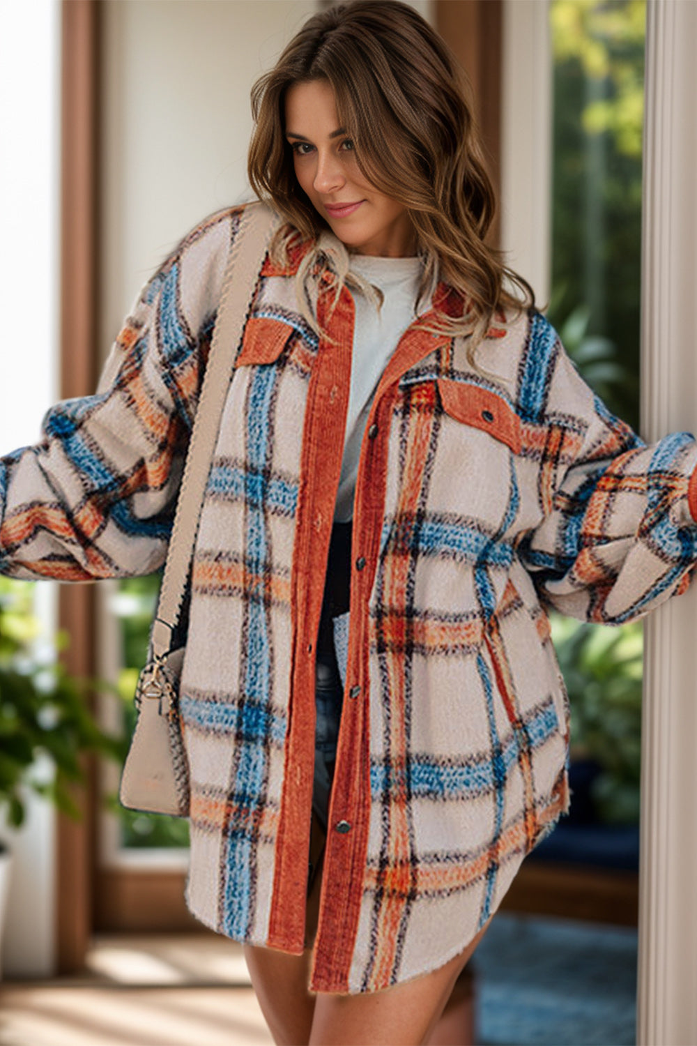 Explore More Collection - Plus Size Plaid Button Down Jacket