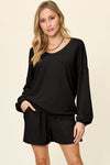 Explore More Collection - Double Take Full Size Texture V-Neck Long Sleeve T-Shirt and Shorts Set