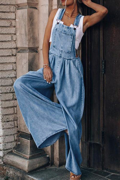 Explore More Collection - Distressed Wide Leg Denim Overalls