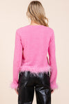 Explore More Collection - Mittoshop Feather Trim Long Sleeve Crop Hacci Knit Top