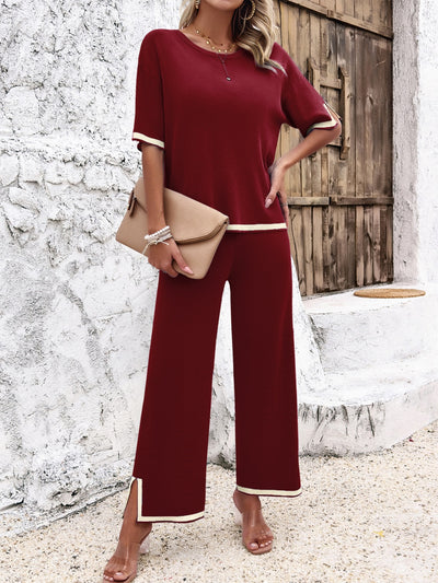 Explore More Collection - Contrast Trim Round Neck Top and Pants Set