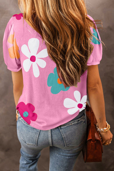 Explore More Collection - Flower Round Neck Short Sleeve Blouse