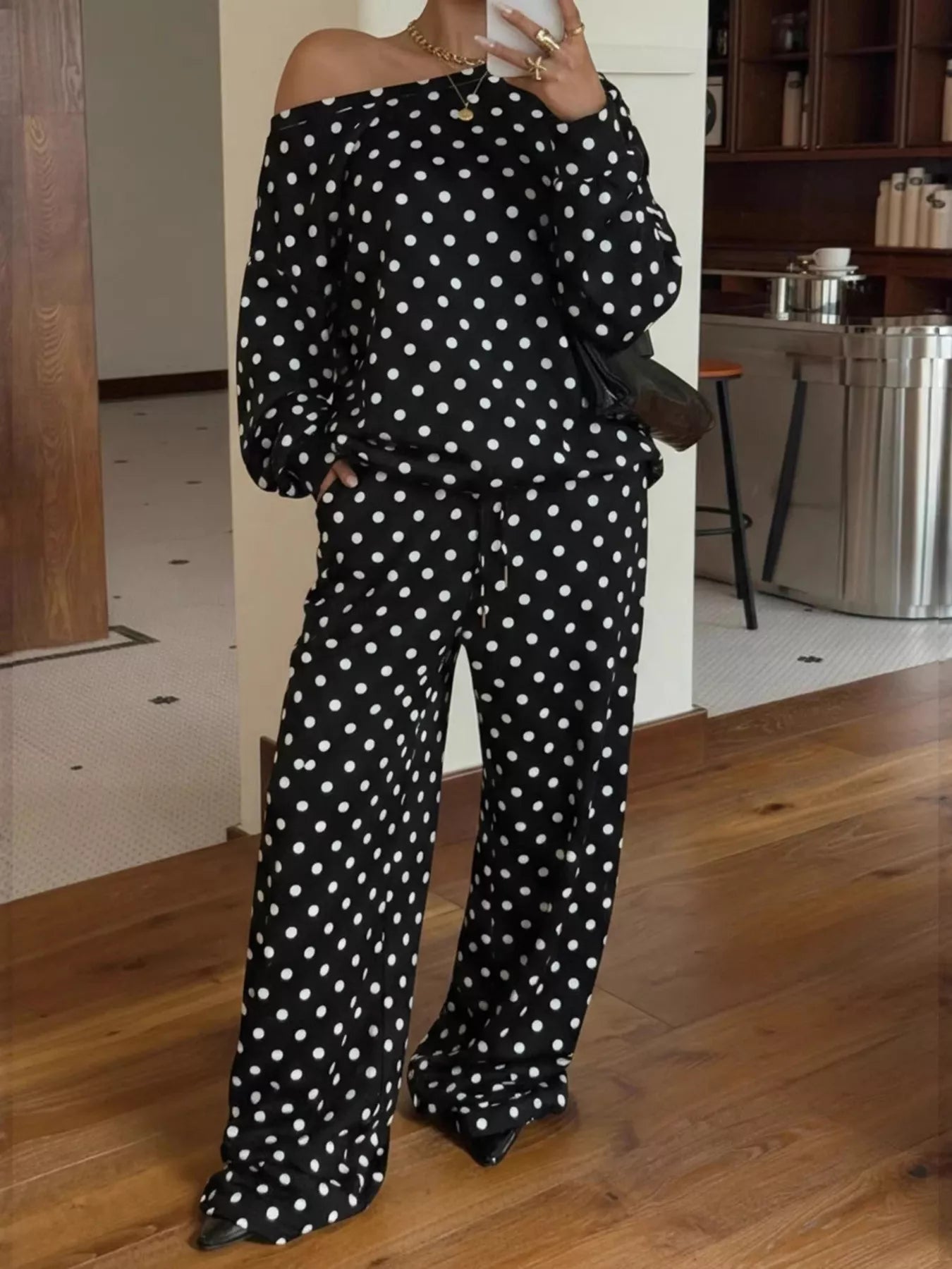 Polka Dot Boat Neck Top and Pants Set