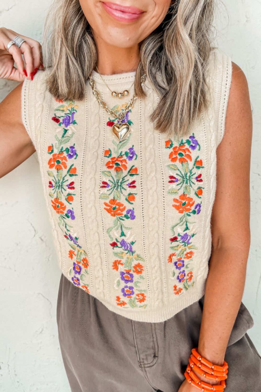 Explore More Collection - Embroidered Cable-Knit Round Neck Sweater Vest