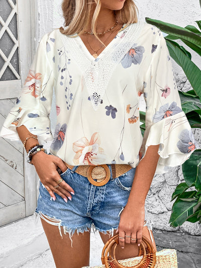 Explore More Collection - Ruffled Printed V-Neck Half Sleeve Blouse