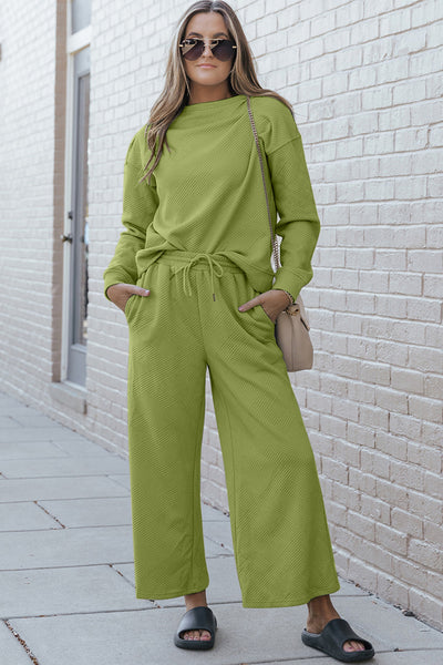 Explore More Collection - Double Take Full Size Textured Long Sleeve Top and Drawstring Pants Set