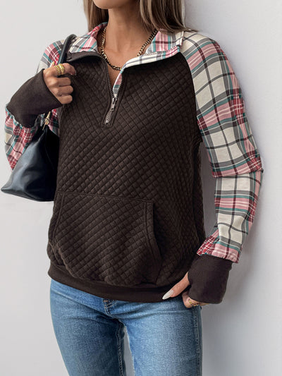 Explore More Collection - Plaid Half Zip Long Sleeve Sweatshirt