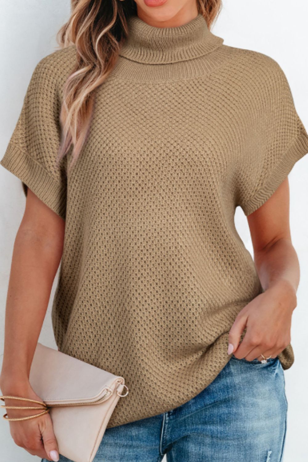 Explore More Collection - Solid Color Turtleneck Short Sleeve Sweater