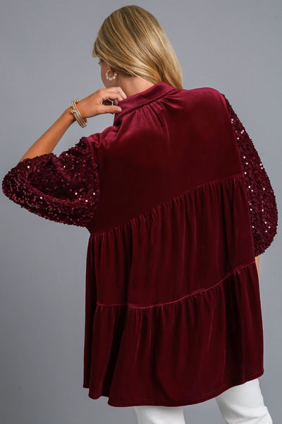 Explore More Collection - Umgee Sequin Detail Tiered Back Half Sleeve Shirt