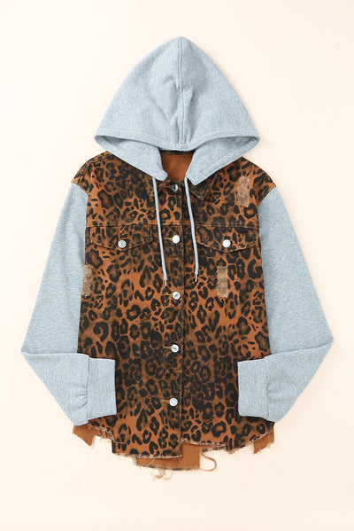 Explore More Collection - Leopard Distressed Drawstring Hooded Denim Jacket