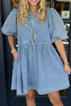 Explore More Collection - Bowknot Round Neck Half Sleeve Denim Dress