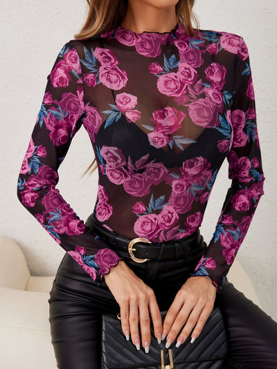 Explore More Collection - Floral Mock Neck Long Sleeve Top