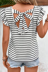 Explore More Collection - Tied Striped V-Neck Cap Sleeve T-Shirt