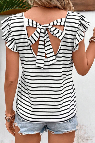 Explore More Collection - Tied Striped V-Neck Cap Sleeve T-Shirt