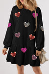 Explore More Collection - Sequin Heart Round Neck Long Sleeve Mini Dress