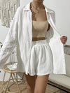 Explore More Collection - Dropped Shoulder Button Up Top and Elastic Waist Shorts Set