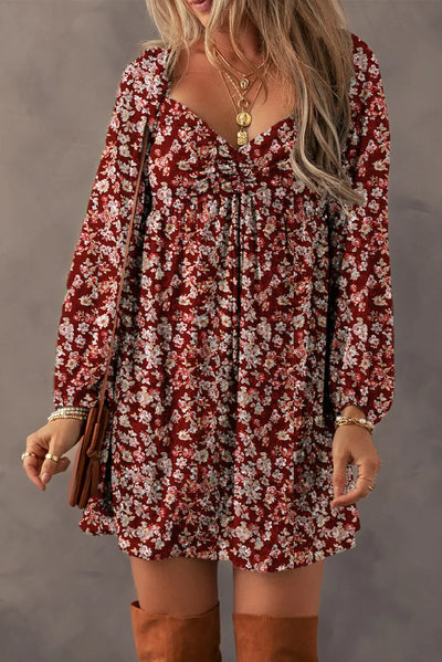 Explore More Collection - Ruched Printed Long Sleeve Mini Dress