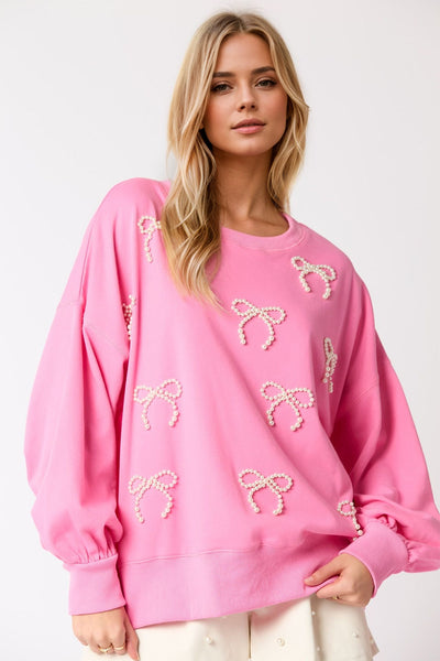 Explore More Collection - Pearl Bow Round Neck Dropped Shoulder Sweatshirt