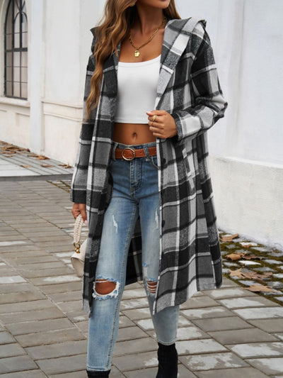 Explore More Collection - Plaid Long Sleeve Hooded Coat