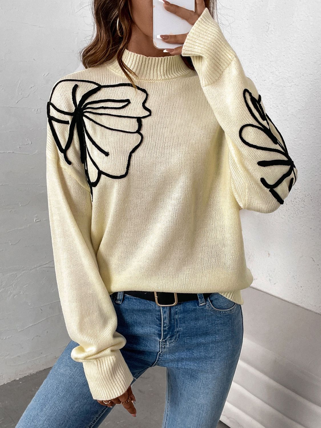 Explore More Collection - Perfee Mock Neck Dropped Shoulder Long Sleeve Sweater