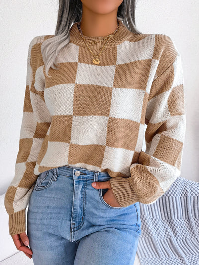 Explore More Collection - Checkered Mock Neck Long Sleeve Sweater