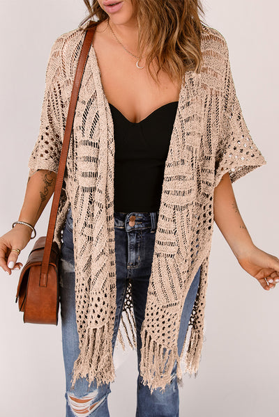 Explore More Collection - Openwork Open Front Cardigan with Fringes