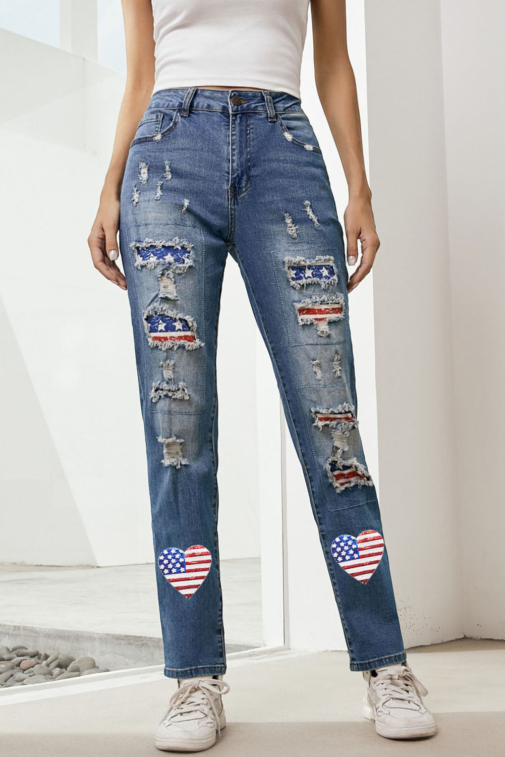 Explore More Collection - US Flag Distressed Straight Jeans