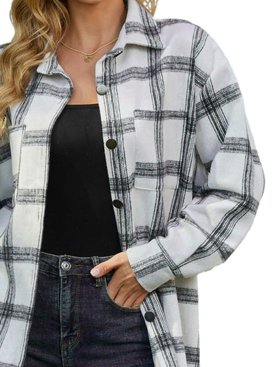 Explore More Collection - Plaid Collared Neck Long Sleeve Shacket