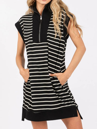 Explore More Collection - Full Size Pocketed Striped Quarter Zip Cap Sleeve Dress