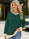 Explore More Collection - Slit Striped Round Neck Long Sleeve Sweatshirt