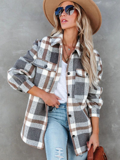 Explore More Collection - Plaid Collared Neck Long Sleeve Jacket