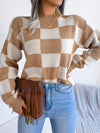 Explore More Collection - Checkered Mock Neck Long Sleeve Sweater