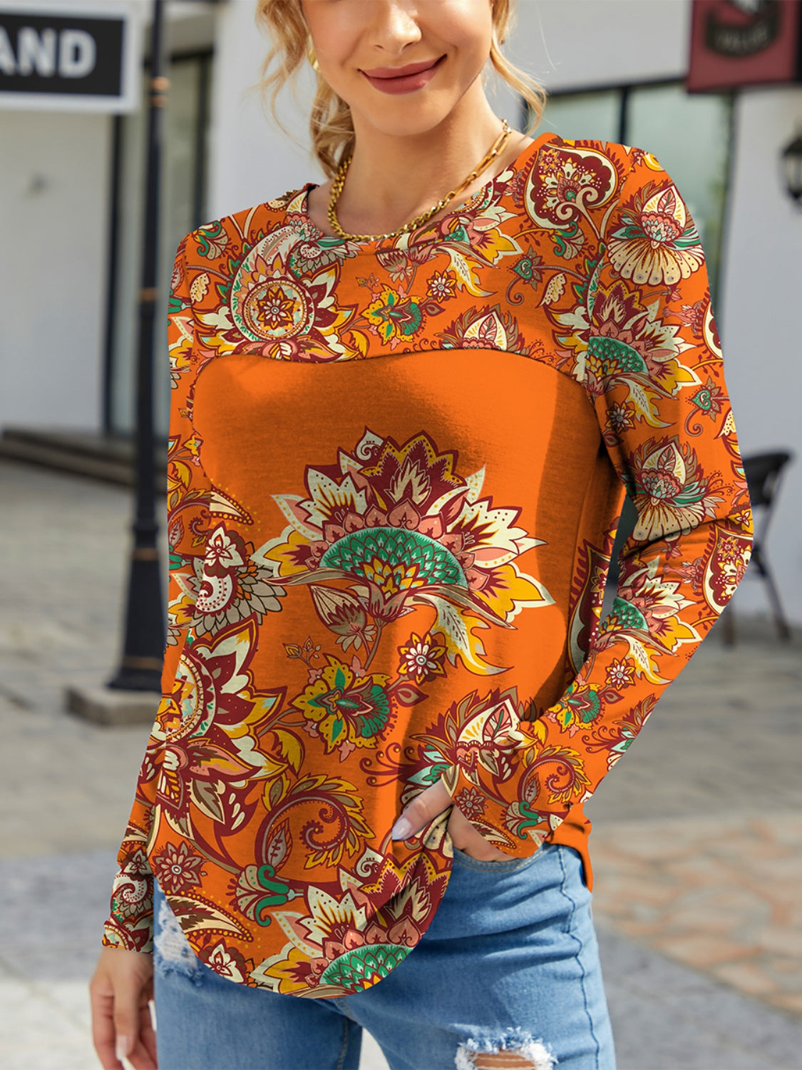 Explore More Collection - Printed Round Neck Long Sleeve T-Shirt