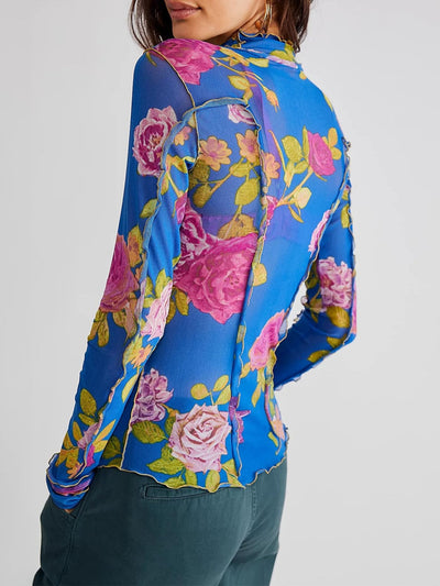 Explore More Collection - Floral Mock Neck Long Sleeve Top