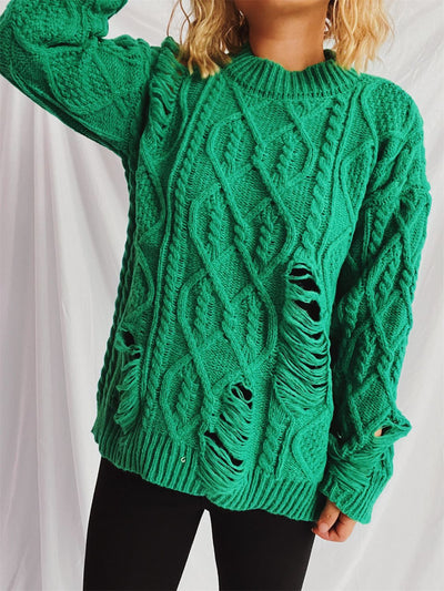 Explore More Collection - Distressed Cable-Knit Round Neck Long Sleeve Sweater