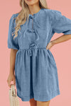 Explore More Collection - Bowknot Round Neck Half Sleeve Denim Dress