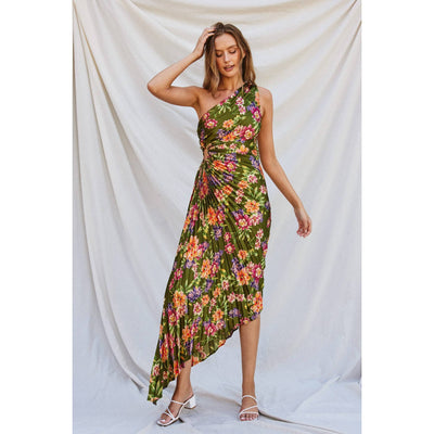 Garden Party Asymmetrical Pleated Maxi Dress: WILLOW GARDEN