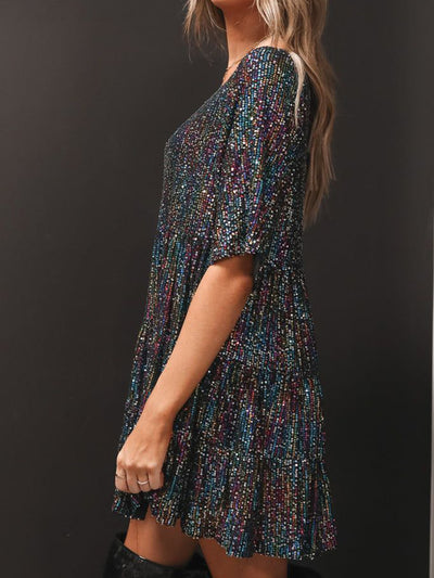 Explore More Collection - Full Size Sequin Round Neck Half Sleeve Mini Dress