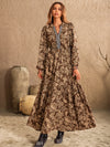 Explore More Collection - Ruched Printed Notched Long Sleeve Maxi Dress