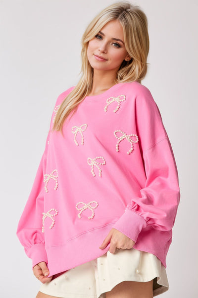 Explore More Collection - Pearl Bow Round Neck Dropped Shoulder Sweatshirt