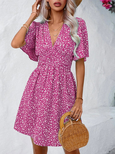 Explore More Collection - Printed V-Neck Half Sleeve Mini Dress