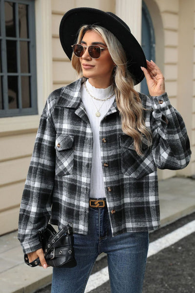 Explore More Collection - Pocketed Plaid Collared Neck Dropped Shoulder Jacket