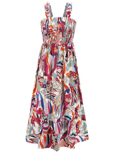 Explore More Collection - Smocked Printed Square Neck Sleeveless Dress