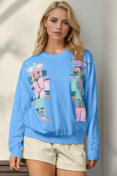 Explore More Collection - Double Take Full Size Sequin Nutcracker Long Sleeve Sweater